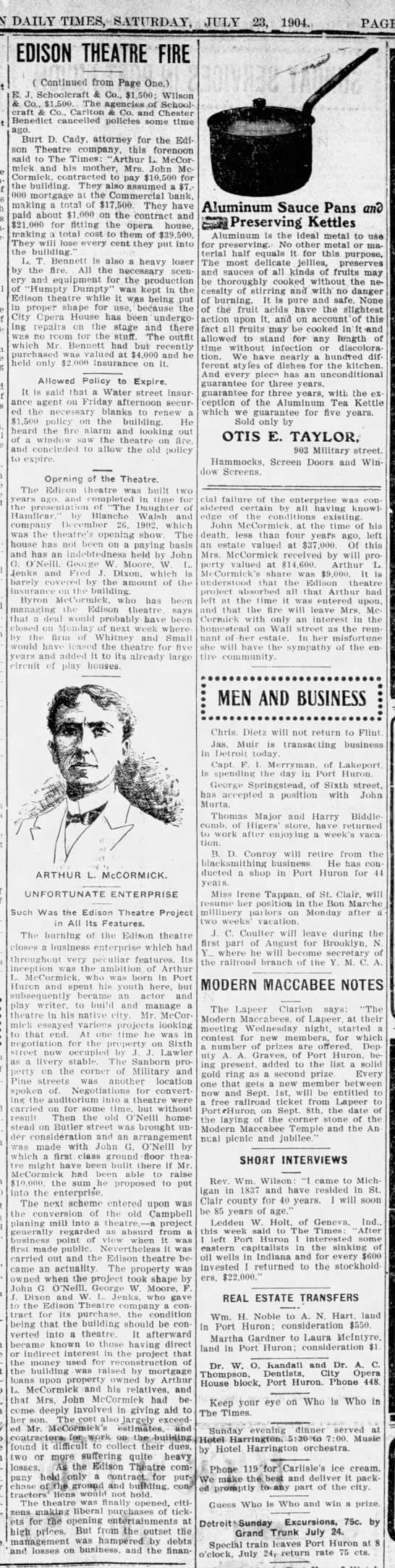 Edison Theatre - Article On Fire 1904